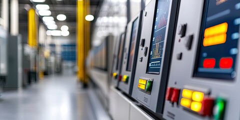 Cybersecurity concept. Industrial control panels with digital displays in a modern manufacturing environment.