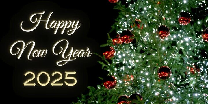Happy New Year 2025 na ciemnym tle oraz choinką z przybraniem oraz oświetleniem bożonarodzeniowym