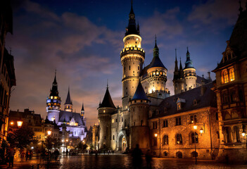 Obraz premium A medieval castle with ornate towers and spires illuminated at night, surrounded by a cobblestone plaza in a city setting