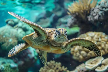 Obraz premium A green sea turtle glides effortlessly through a breathtaking underwater landscape filled with colorful coral.