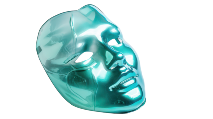 A turquoise skincare mask placed on a white surface designed for facial treatments at a beauty spa setting on transparent background