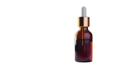Amber dropper bottle filled with essential oil placed on a clean surface with soft lighting on transparent background