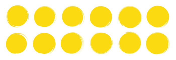 Yellow brush suns. Vector yellow round shaped frames. Watercolor texture frames. Orange color splashes. Distressed summer background. Sun splash illustration. Rough orange brush stroke bg collection