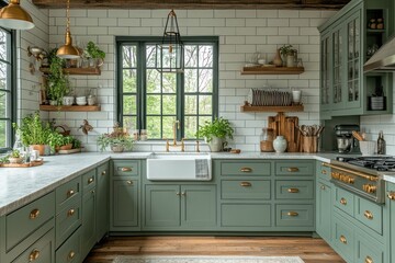 Farmhouse kitchen with green cabinets, marble countertops, and open shelving.