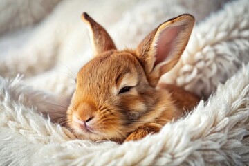 Naklejka premium Adorable Sleeping Bunny, Cozy Fur Blanket, Macro Photography, Cute Rabbit, Brown Rabbit, Pet Photo