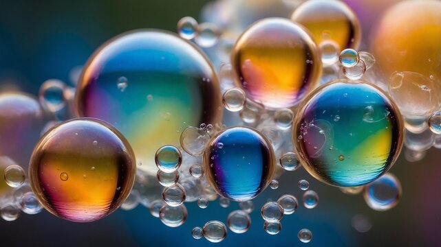 Colourful Iridescent Soap Bubbles Floating Against a Vibrant Blurred Background.
