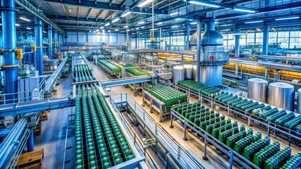 Fototapeta premium Aerial View of an Industrial Plant for Glass Bottle Production, Showcasing the Complex Machinery and Assembly Lines in Action, Highlighting Efficiency and Modern Manufacturing Techniques