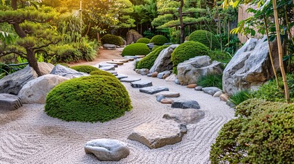 Garden with stone walkway in Japanese style Zen garden.