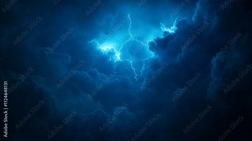 Poster a vivid blue lightning bolt spreads jaggedly across a dark, stormy sky, illuminating ominous clouds 
