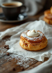 Freshly baked pastries with a dollop of cream on a wooden surface, with a cup of coffee in the background