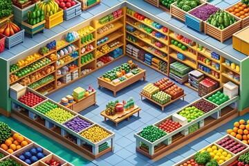 Fototapeta premium Aerial View of an Isometric 3D Grocery Store Filled with Colorful Shelves of Products, Showcasing Diverse Food Items and Shopping Experience from Above