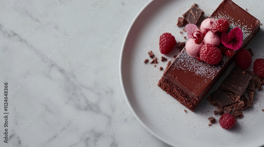 Poster decadent chocolate mousse served in a pristine white dish, topped with raspberries and delicate flow