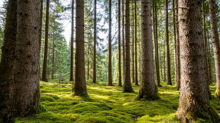 Fototapeta premium serene forest scene with tall trees and lush green moss covering ground, creating peaceful atmosphere. Sunlight filters through branches, enhancing natural beauty
