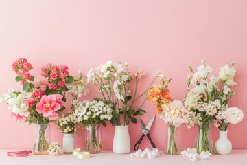 Fototapeta premium Floral arrangement display with various blooms in vases against a soft pink background during daytime