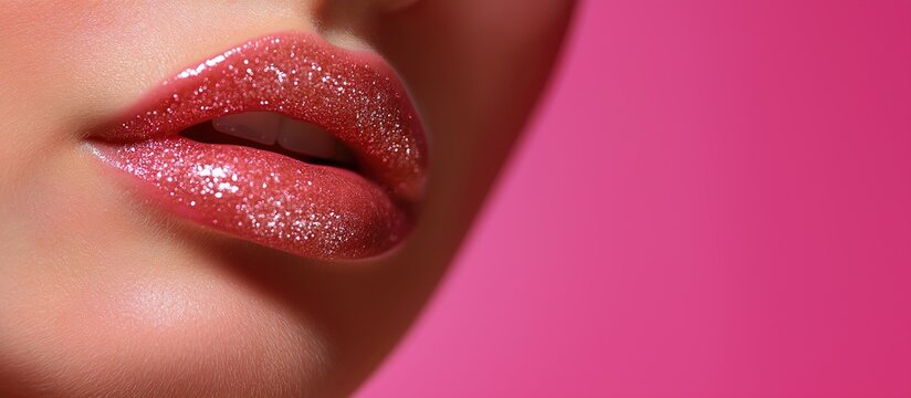 Close-up of Woman's Lips Being Applied with Shiny Lip Gloss Against a Pink Background - Powered by Adobe