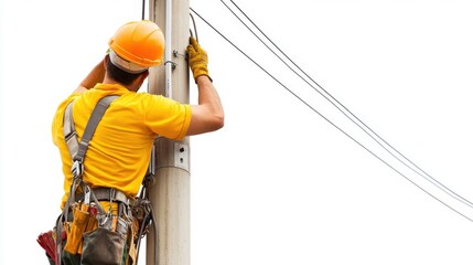 Worker on High Voltage Pole with Safety Harness