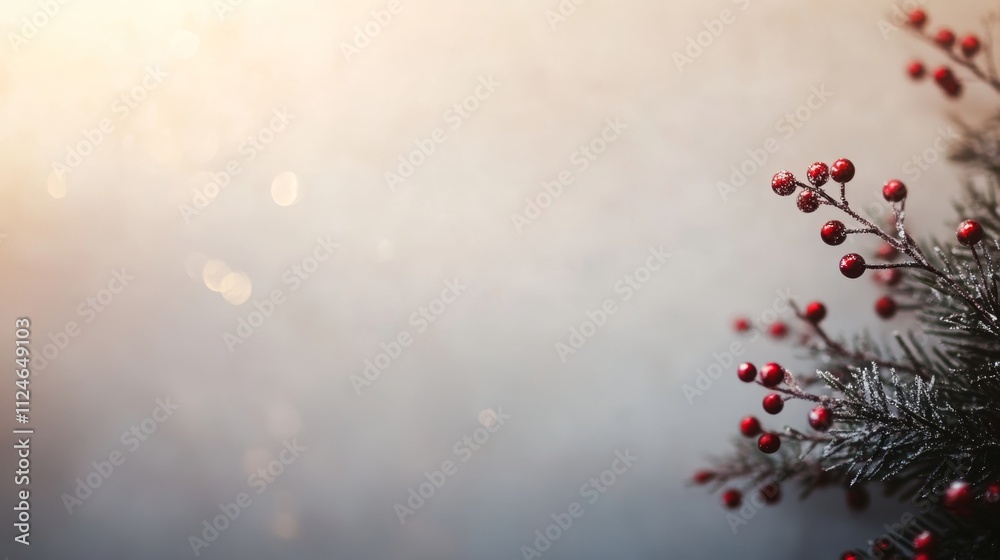 Poster a medium top-down view showcases a pine branch with snowflakes and red berries resting on a frosted 