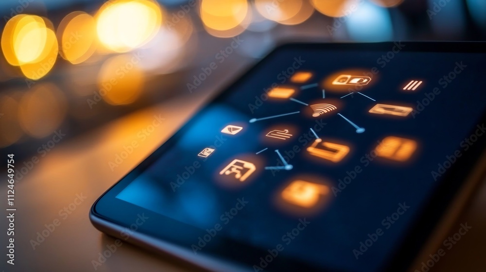 Poster A digital tablet shows a diagram illustrating 5G wireless connectivity with glowing icons representing cloud computing, data storage, and smart city networks