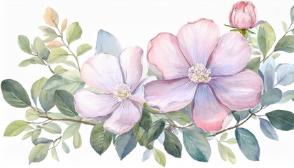 Fototapeta premium Pastel coquette flowers art illustration watercolor on isolated white background.