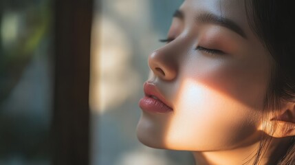 Serene Woman  Sunlit Face  Skincare  Beauty  Closeup