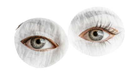 Close-up of two realistic human eyes partially obscured by translucent circular shapes evoking a sense of intrigue and mystery on transparent background
