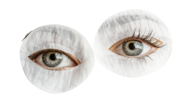Close-up of two realistic human eyes partially obscured by translucent circular shapes evoking a sense of intrigue and mystery on transparent background