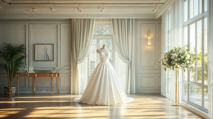 Elegant wedding dress on mannequin in luxurious bridal boutique with classic interior design. Natural light streaming through windows creates romantic atmosphere with floral decorations