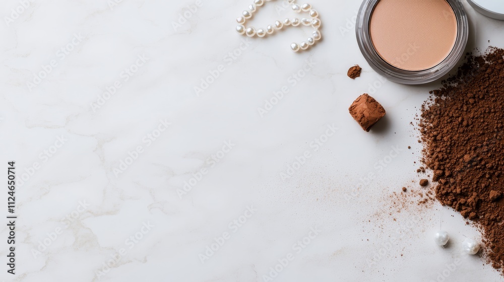 Poster delicate makeup items are arranged on a marble background with scattered pearls, presenting a refine