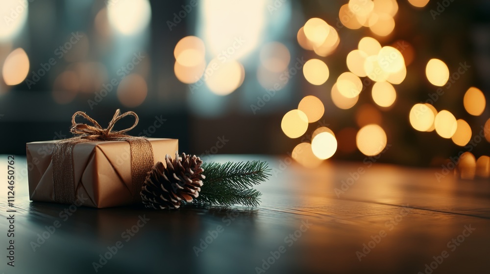 Poster a beautifully wrapped christmas gift is complemented by a pine cone and a sprig of evergreen, creati