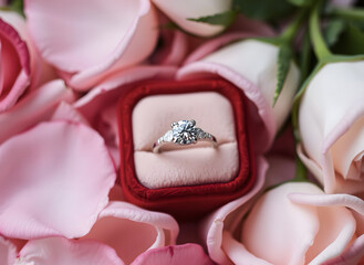 An elegant diamond engagement ring in a red velvet box surrounded by rose petals.