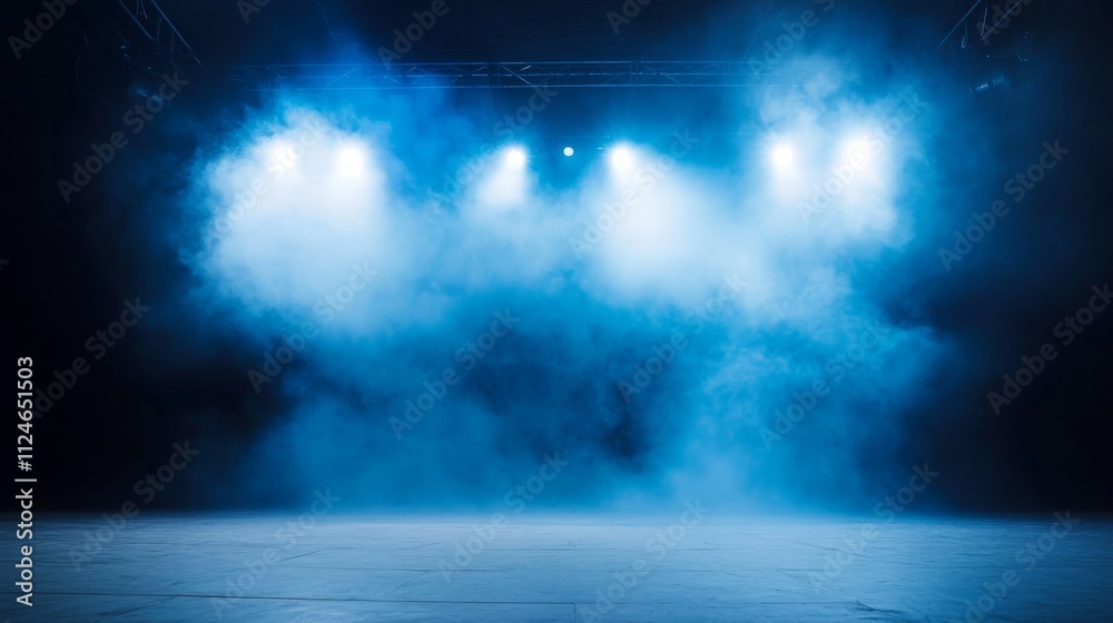 Poster an empty concert stage is illuminated by cool blue and white spotlight beams, while gentle swirls of