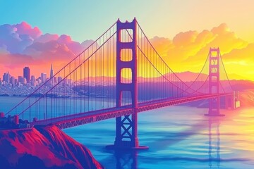 Obraz premium A vibrant sunset view of a famous bridge with a city skyline in the background.