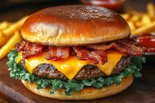 Gourmet burger with crispy bacon and cheese on wooden board. National Bacon Day