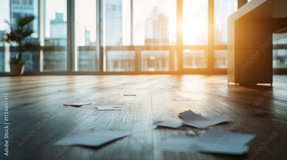 Aufkleber bright light pours into a modern office featuring large windows and a polished wooden floor. a minim