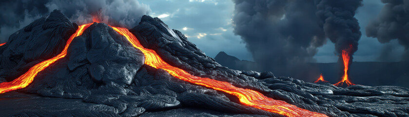 Lava flows down rugged volcanic landscape, with smoke and ash billowing into sky, creating dramatic and powerful scene of nature raw energy and beauty