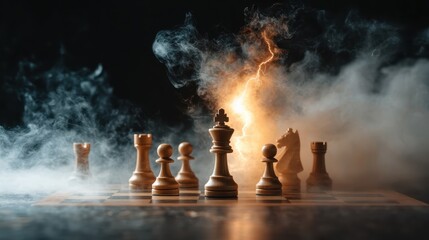 A dynamic chess board setting exudes drama with smoky, swirling atmospheres and intense lighting effects, illustrating the intensity and strategic depth of the game.