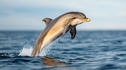 Fototapeta premium A single dolphin jumps energetically through the ocean's bright blue waters under the golden morning light, capturing the beauty and vitality of marine life.