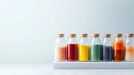 A collection of vibrant spices in glass jars with cork tops, arranged in a visually pleasing manner, highlighting various colors, textures, and culinary possibilities.