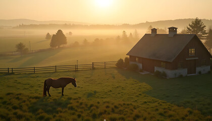 Scenic countryside ranch with horse at sunrise in misty atmosphere