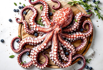 Fototapeta premium Top view a raw octopus on wooden board and white background