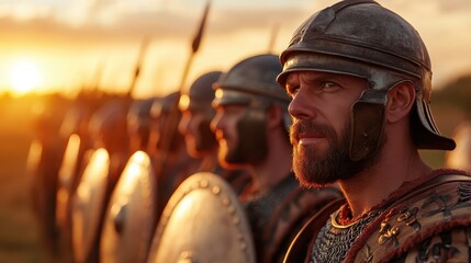 As the sun sets in the horizon, Roman warriors clad in armor create an imposing presence, exemplifying strength, history, and the spirit of ancient defense.