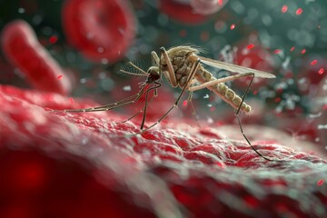 A mosquito is seen drawing blood as it hovers among vibrant red blood cells in a striking representation of an insect's feeding process under a microscope.