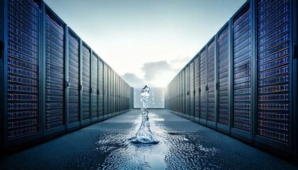 Data Flow: A frozen cascade of water symbolizes the flow of data in a modern server room, highlighting the essential role of water in cooling and maintaining these powerful systems.  