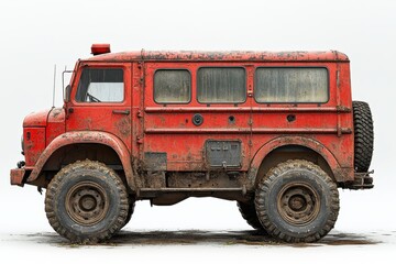 An old, weathered red off-road vehicle with large tires, designed for rugged terrain.