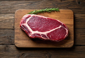 Top view a raw venison on wooden board and wooden background
