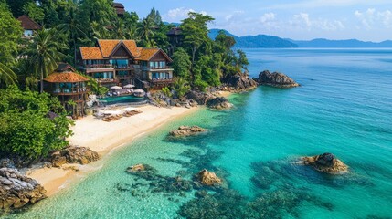 A beautiful beach with a house on it and a body of water in the background