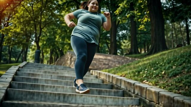An overweight woman going up or down the stairs in the park, sports, working out