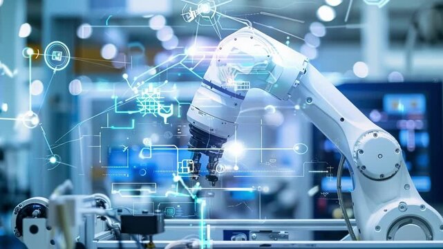 Robotic arm is shown in a sequence of images, progressively interacting with a digital interface and simulating innovative manufacturing processes