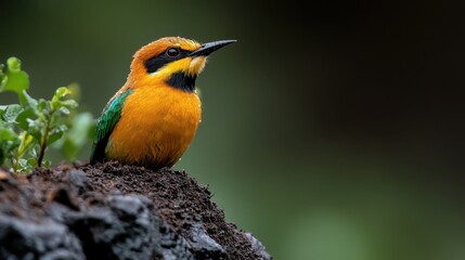 Fototapeta premium A vividly colored bird stands proudly on an earthy perch, highlighting the contrast and vibrancy of wildlife, capturing the essence of nature's diversity.