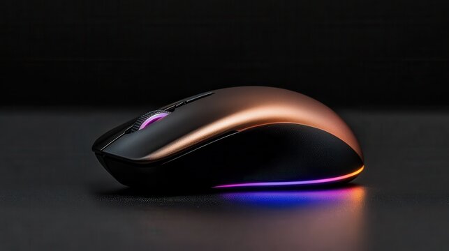 A sleek gaming mouse featuring dynamic LED lighting accents on its ergonomic design, rendered against a dark background, highlighting modern technology and style.